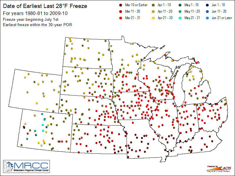 Earliest Last Freeze Map - 28 Degrees