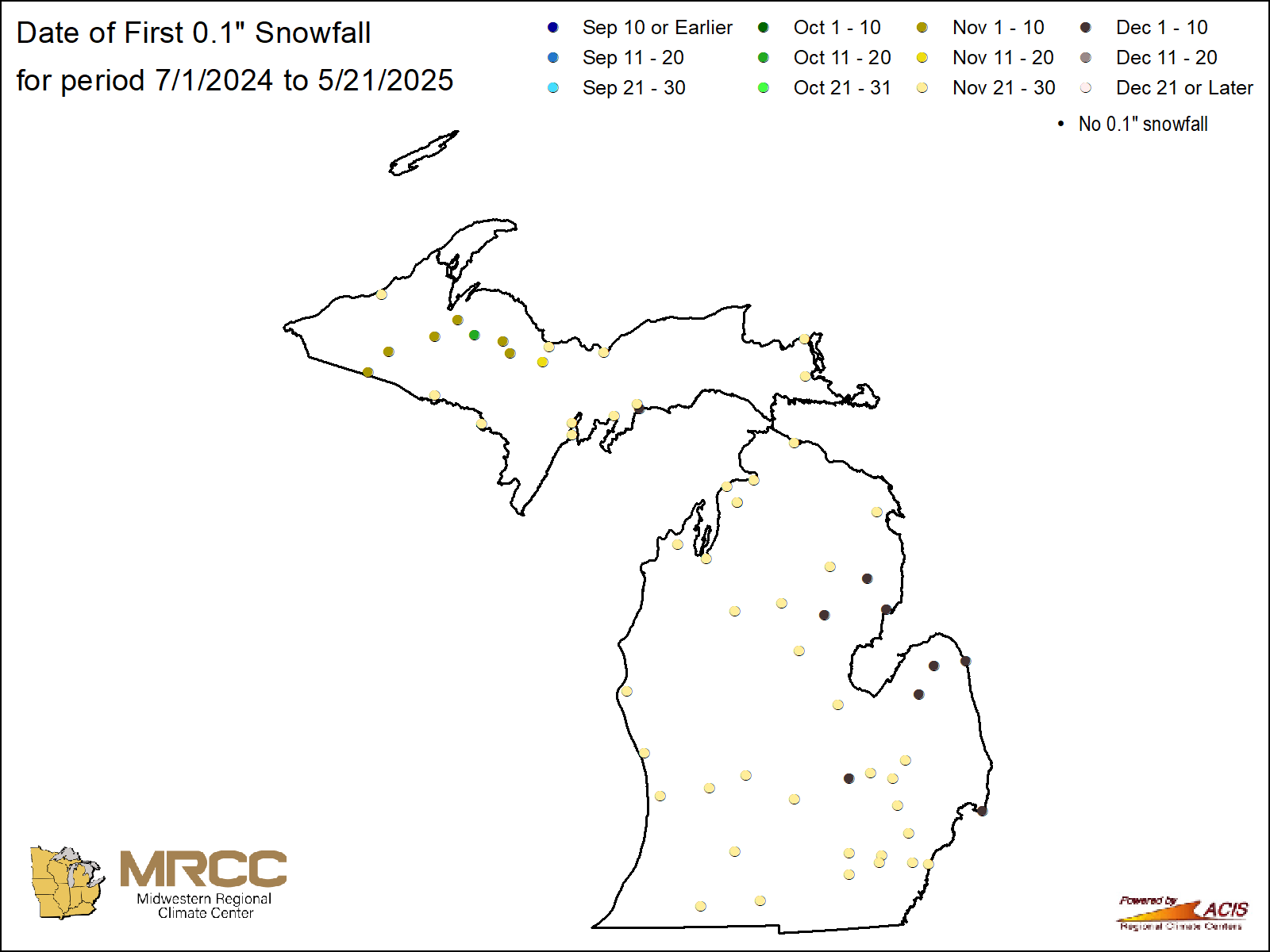 Date of first 0.1" snowfall map: Michigan