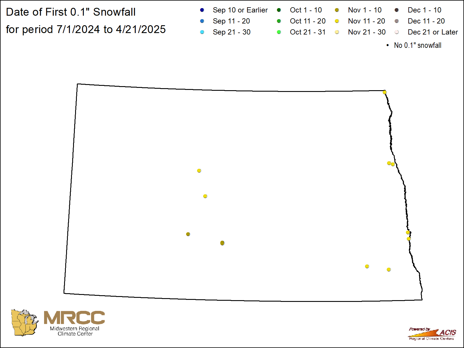 Date of first 0.1" snowfall map: North Dakota