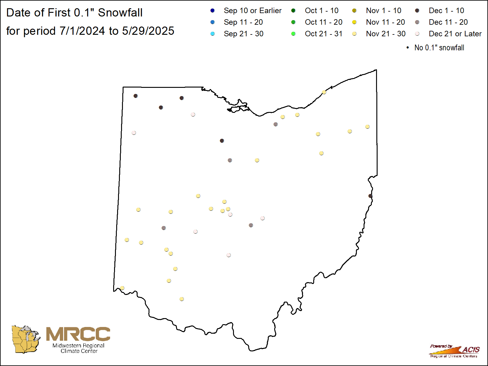 Date of first 0.1" snowfall map: Ohio