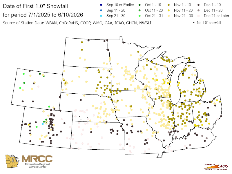 Date of first 1.0" snowfall Map: Central Region