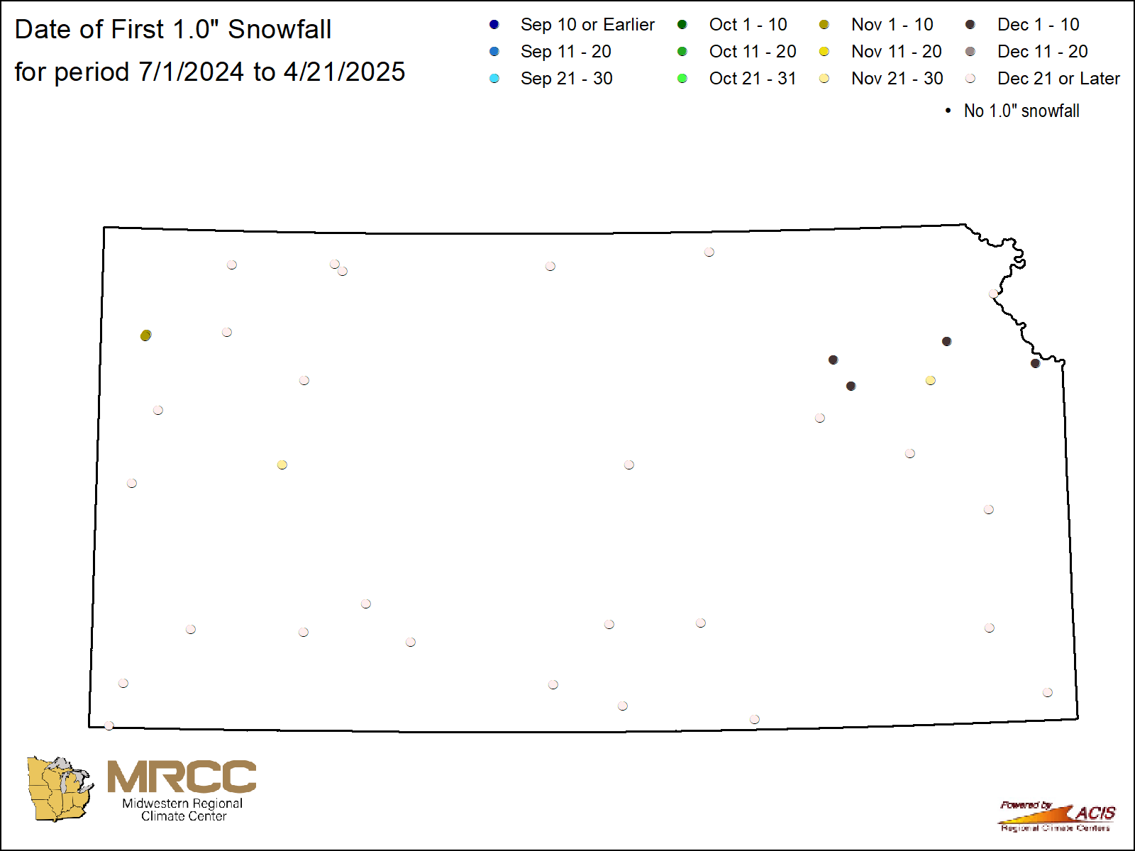 Date of first 1.0" snowfall Map: Kansas