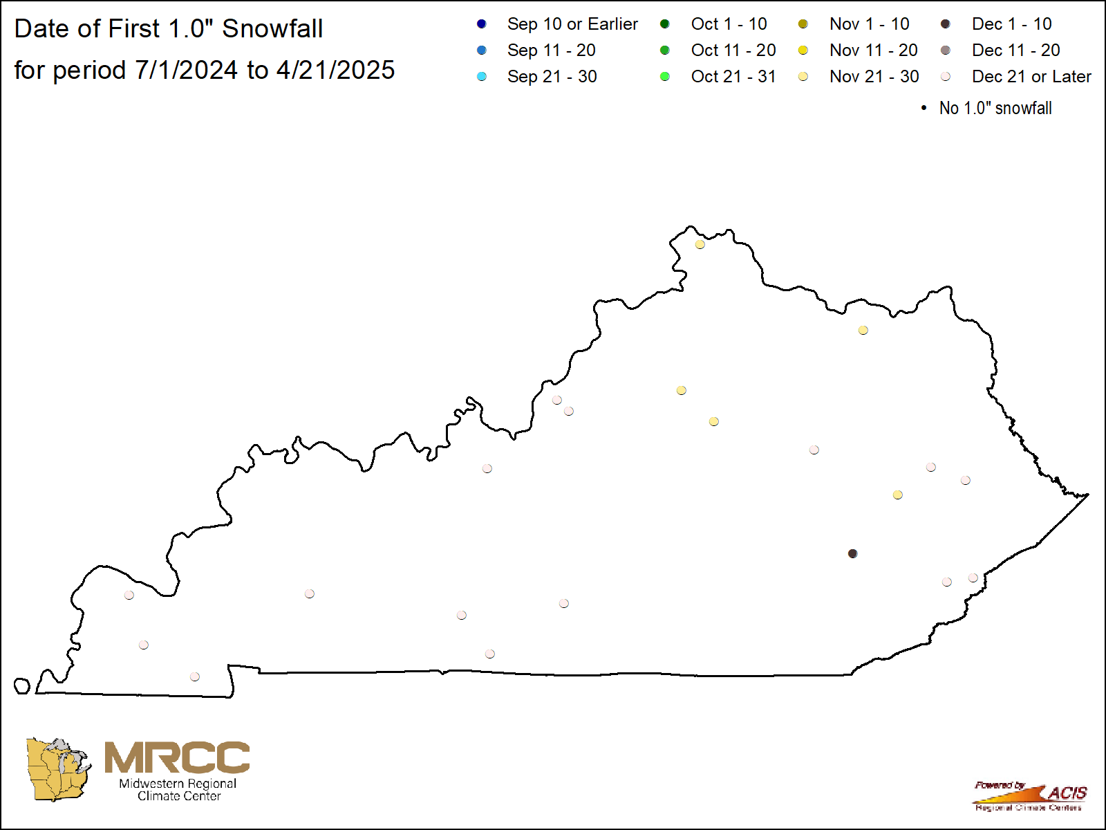 Date of first 1.0" snowfall Map: Kentucky