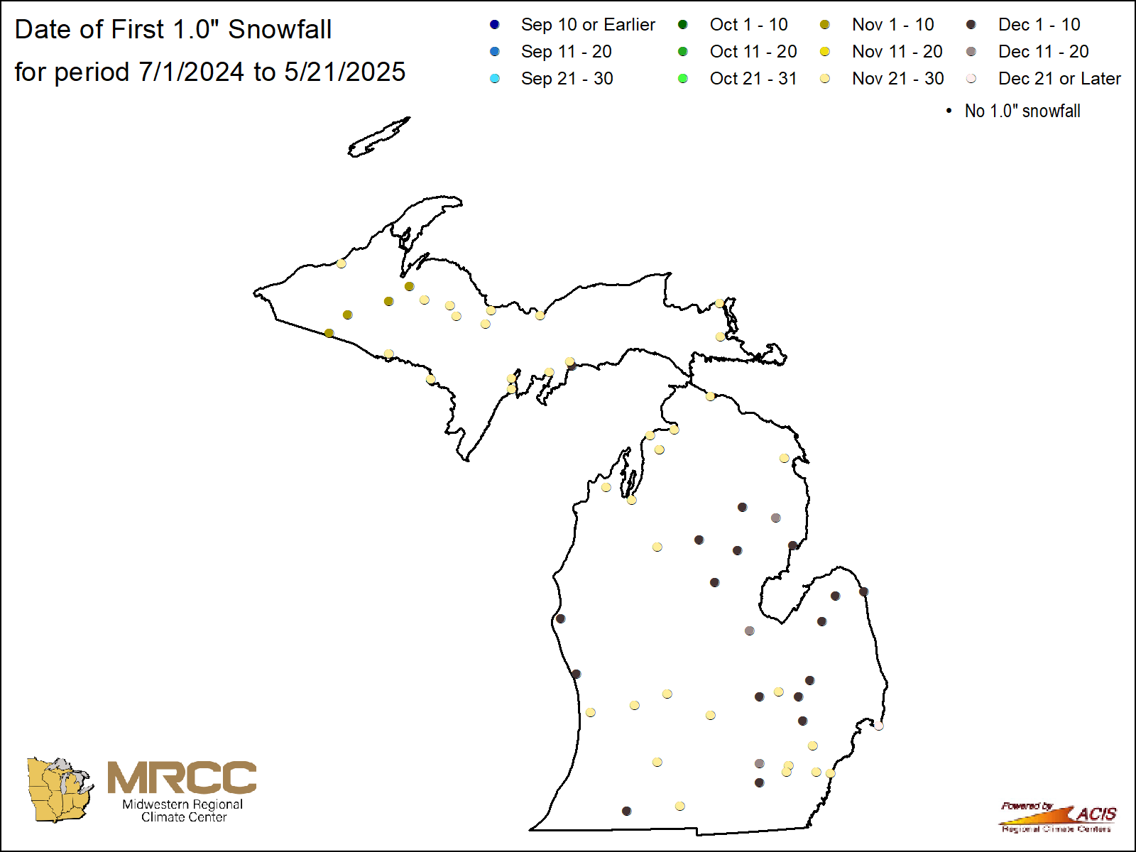 Date of first 1.0" snowfall Map: Michigan