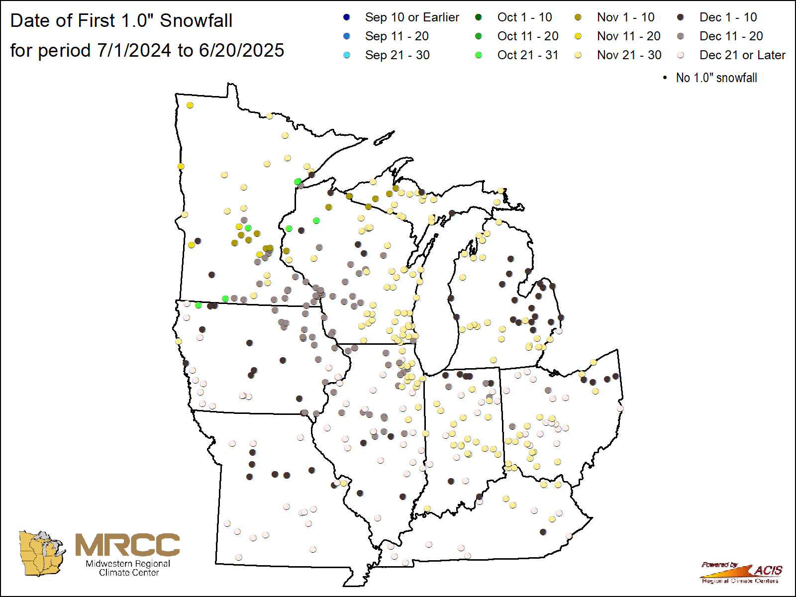 Date of first 1.0" snowfall Map: Midwest Region
