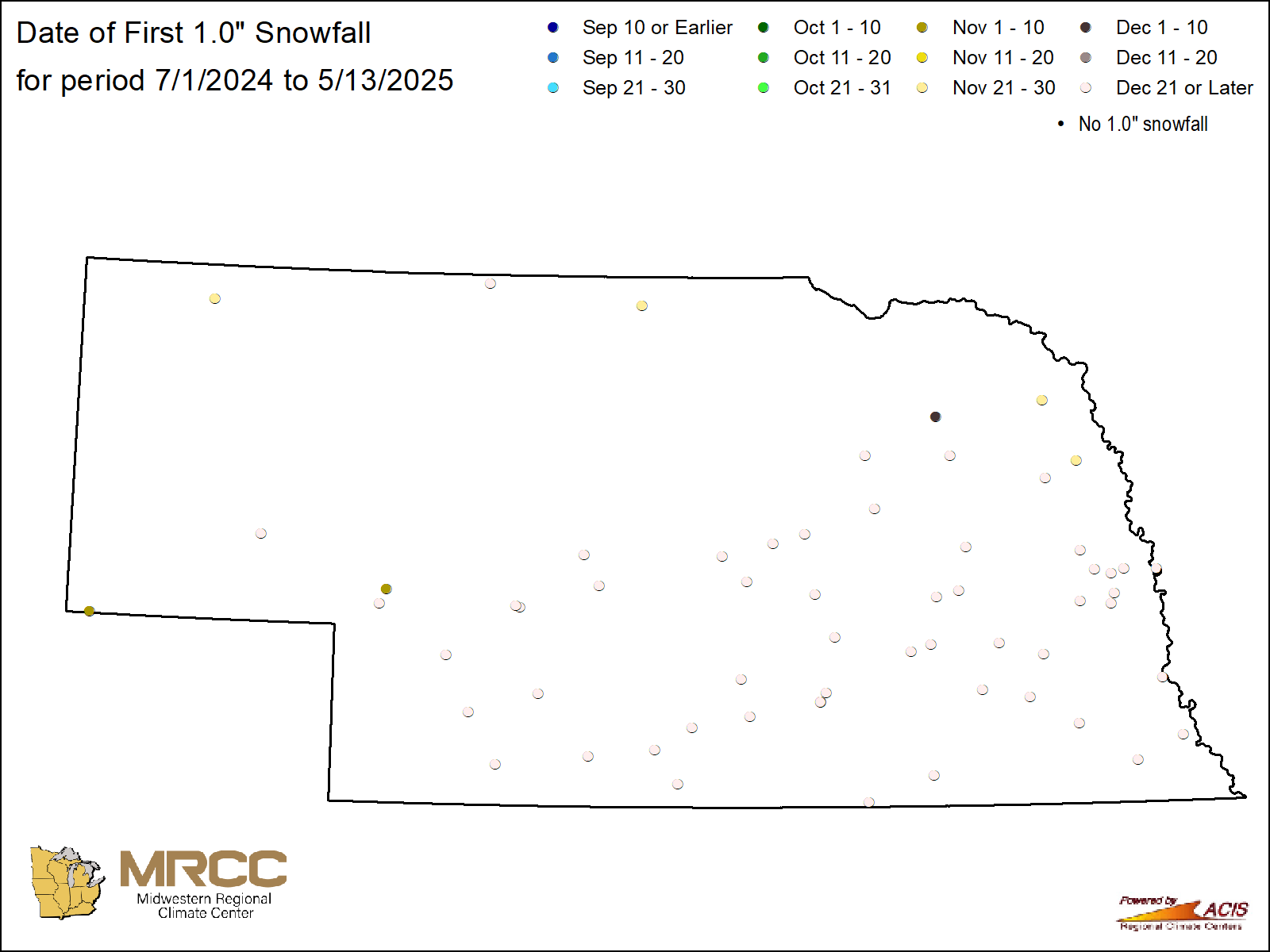 Date of first 1.0" snowfall Map: Nebraska