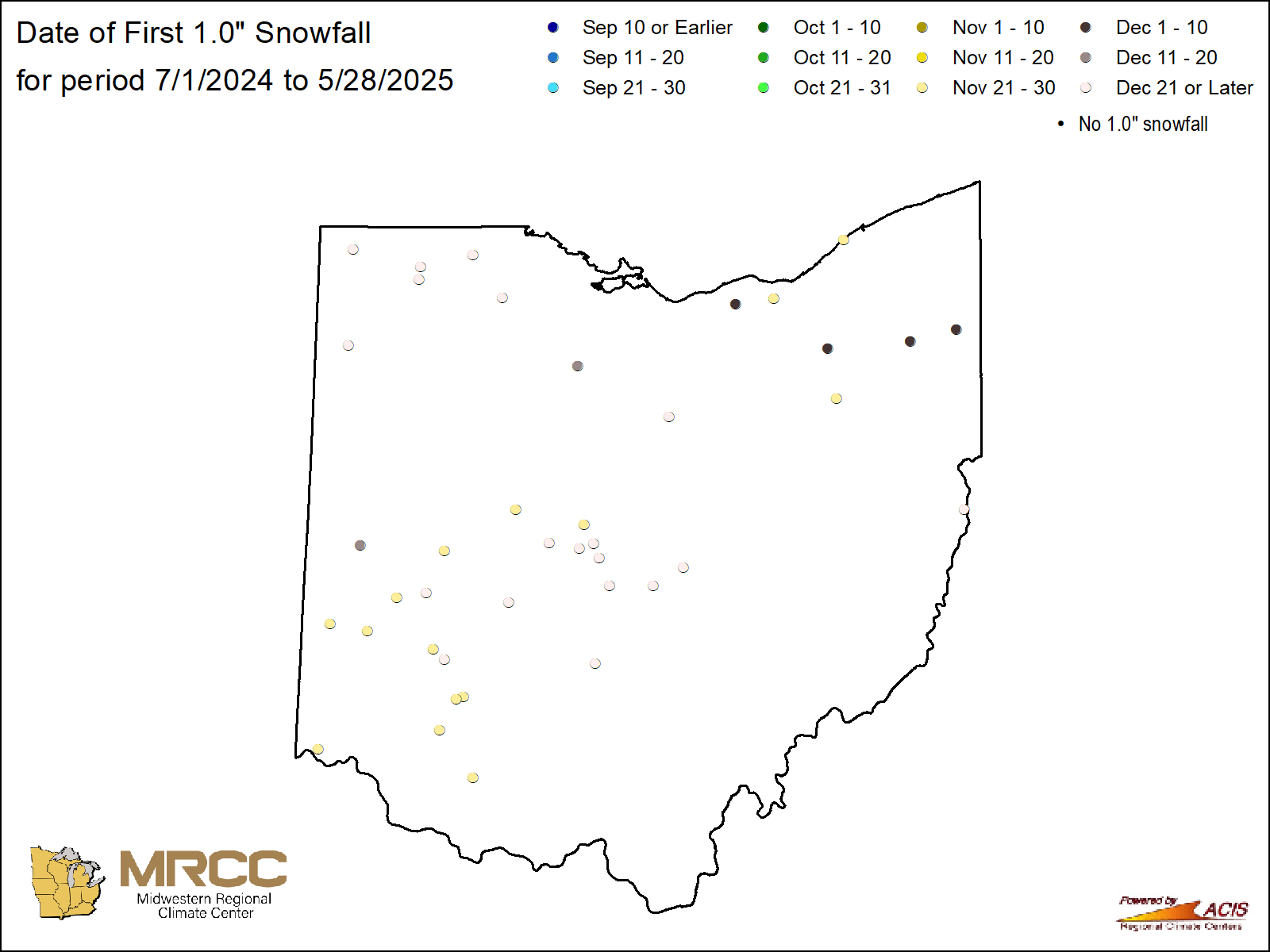 Date of first 1.0" snowfall Map: Ohio