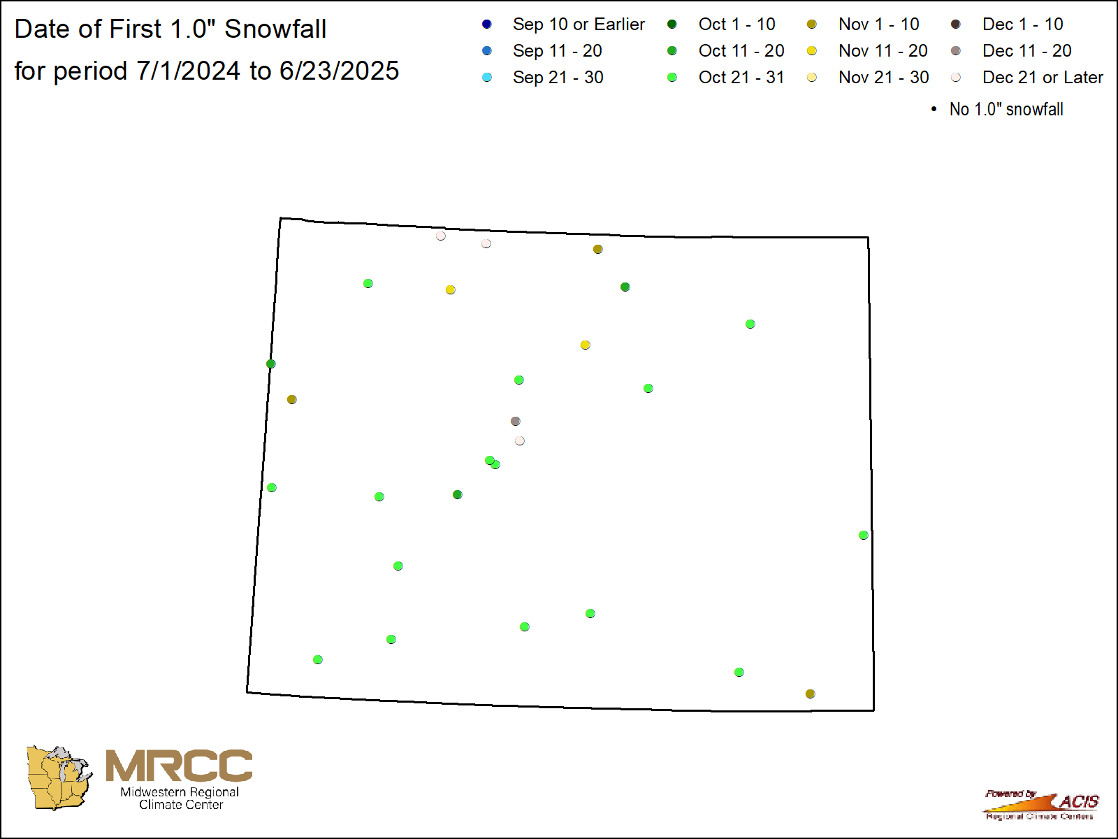 Date of first 1.0" snowfall Map: Wyoming