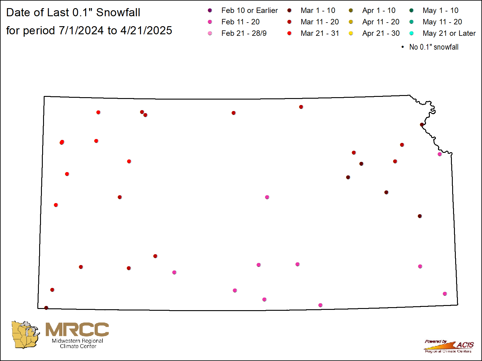 Date of last 0.1" snowfall map: Kansas