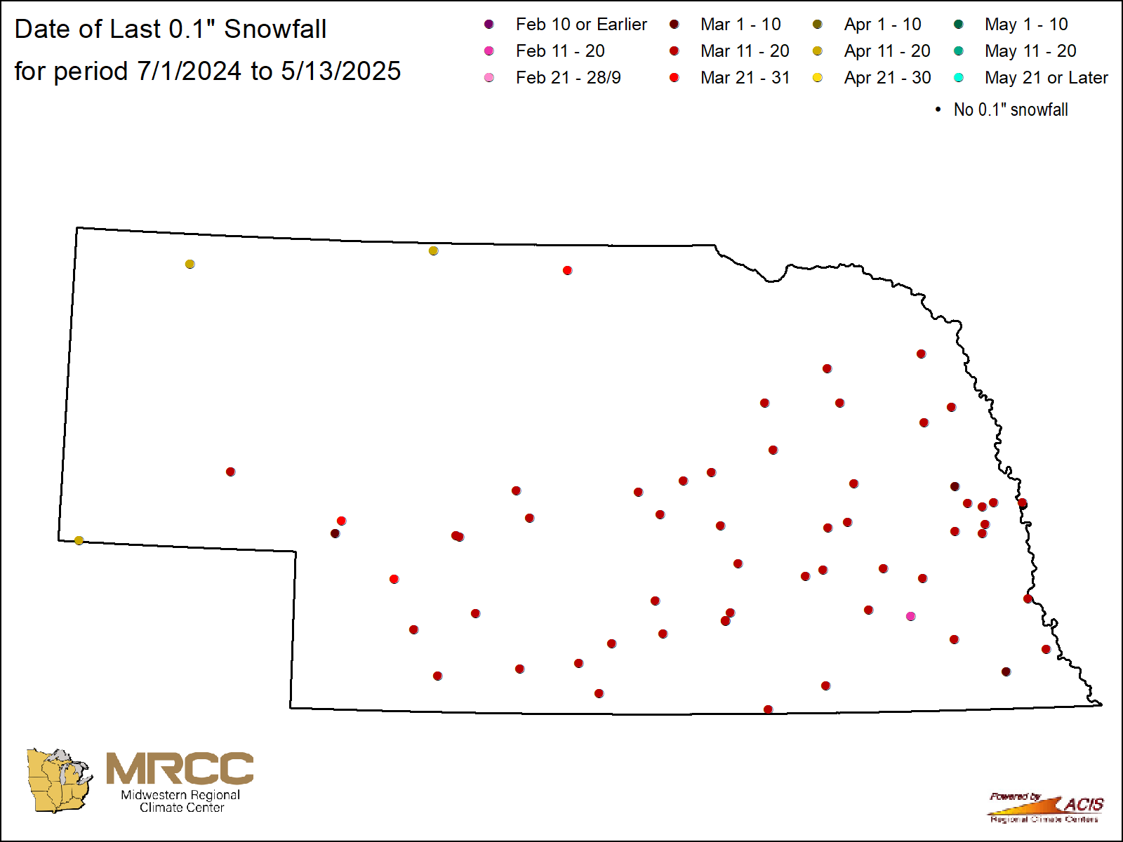 Date of last 0.1" snowfall map: Nebraska