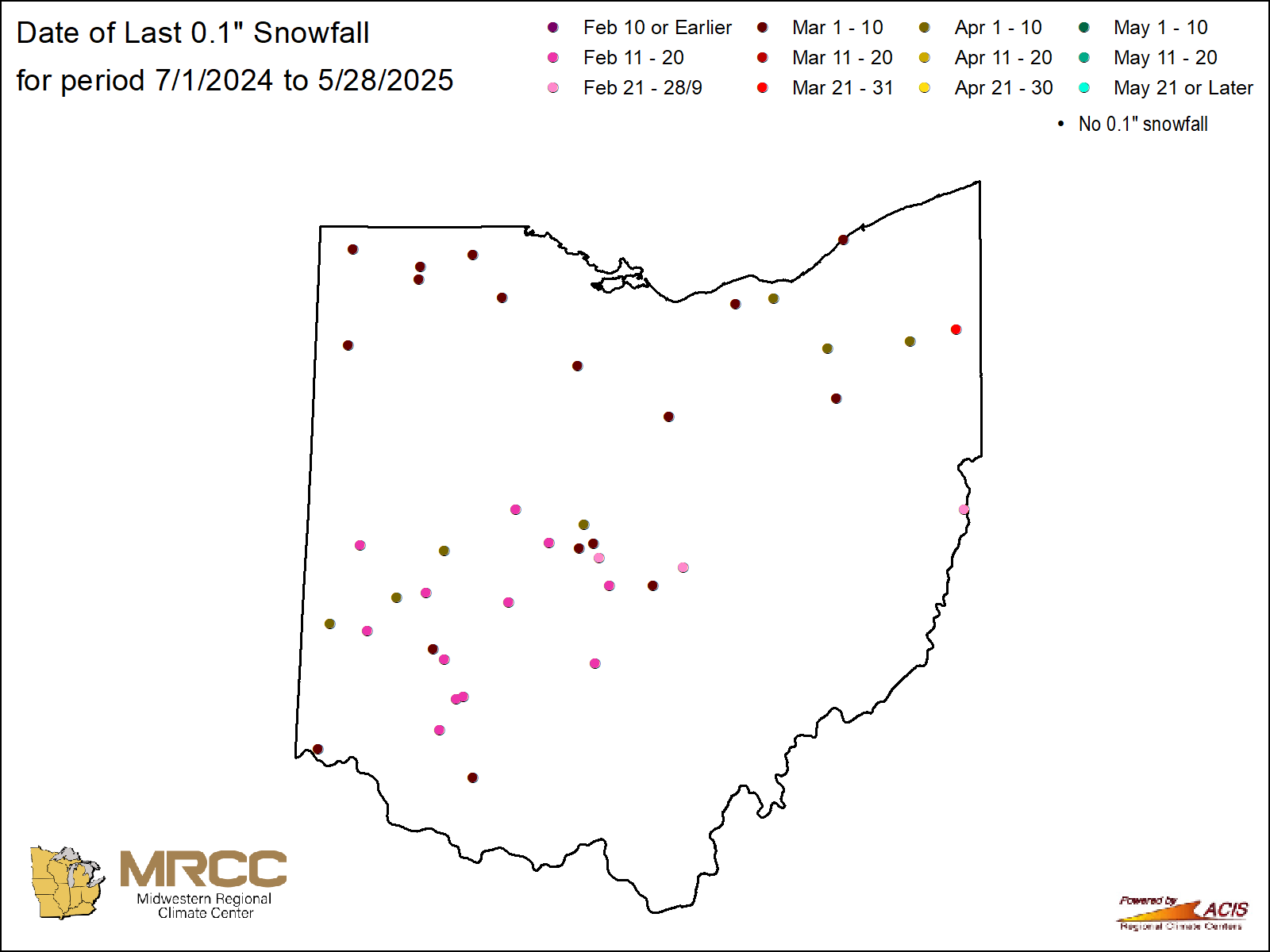 Date of last 0.1" snowfall map: Ohio