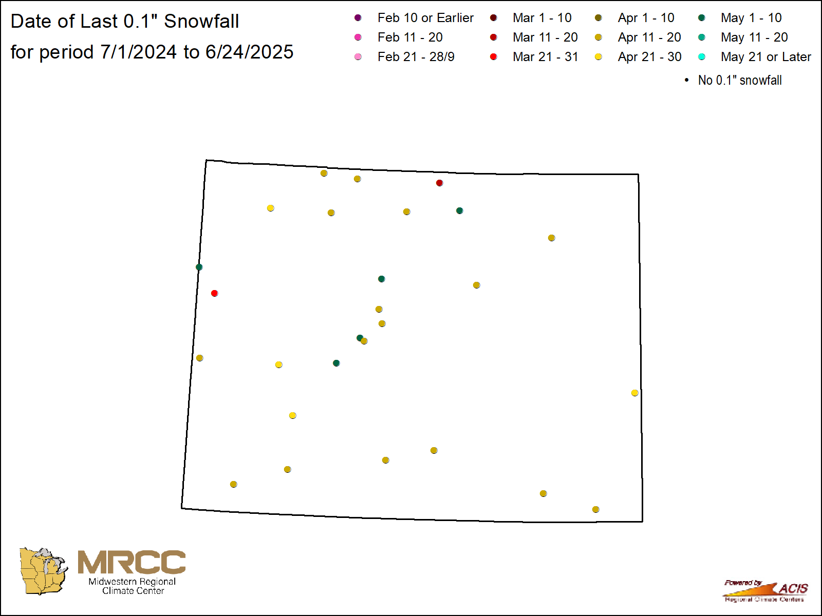 Date of last 0.1" snowfall map: Wyoming