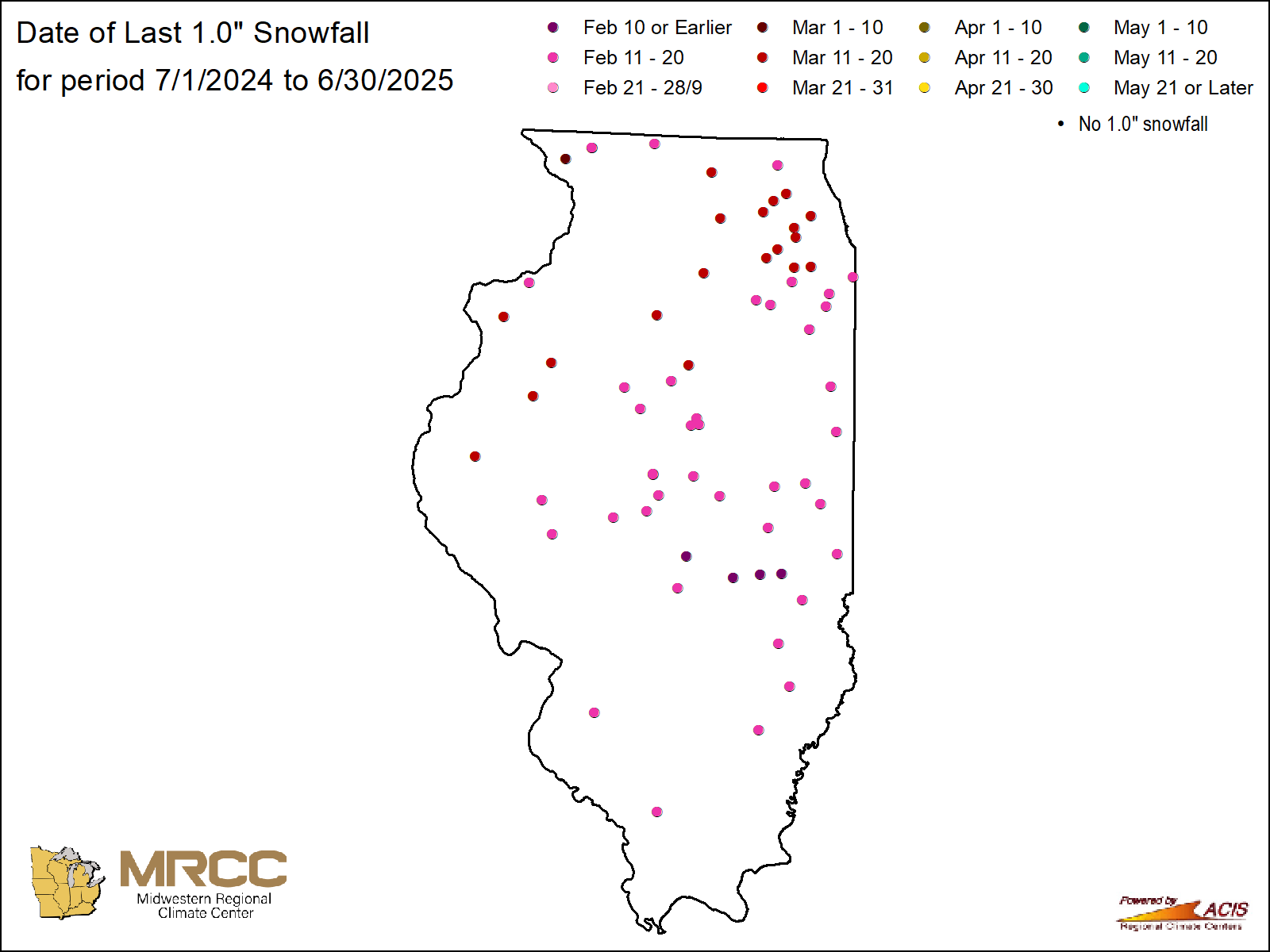 Date of last 1.0" snowfall Map: Illinois