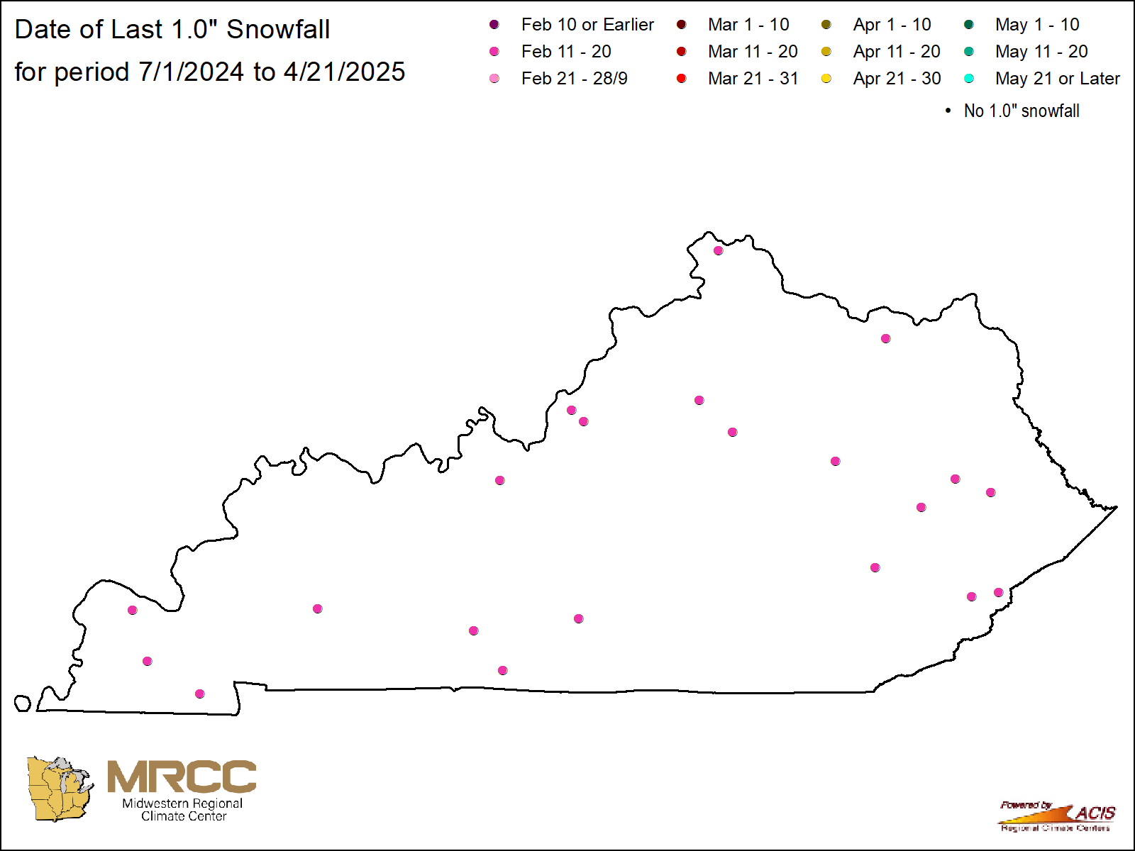 Date of last 1.0" snowfall Map: Kentucky