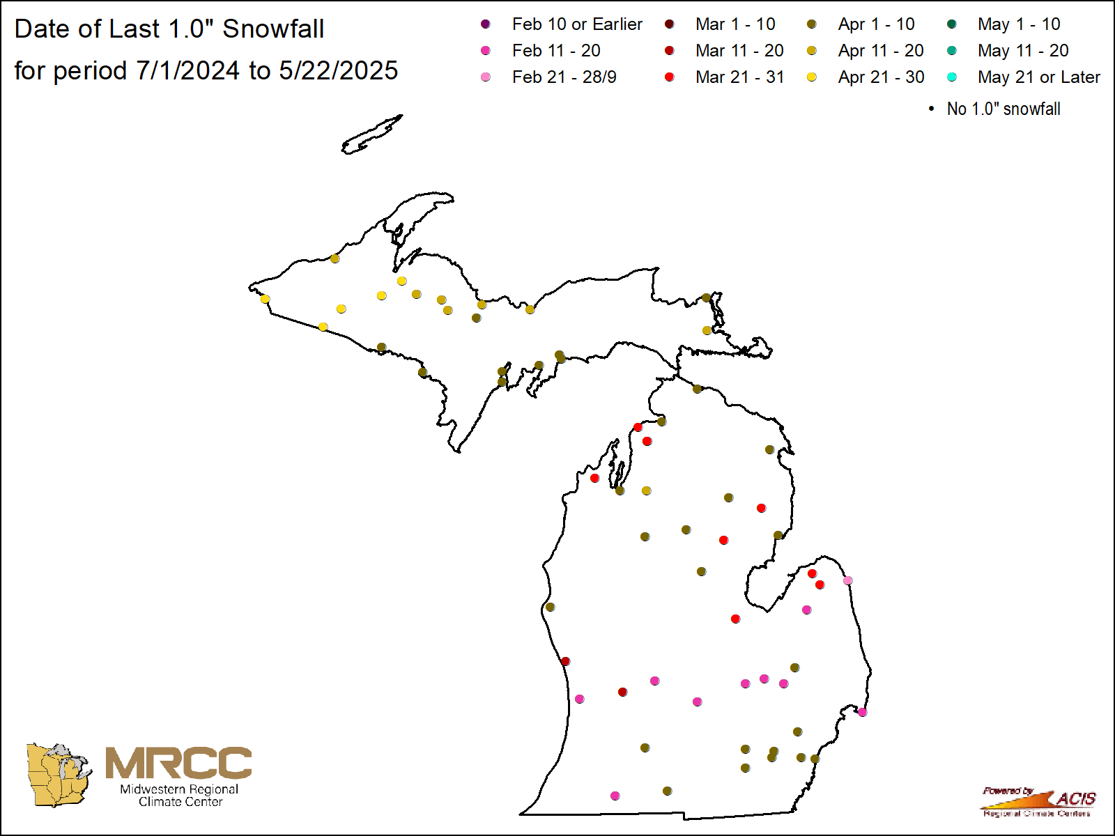 Date of last 1.0" snowfall Map: Michigan