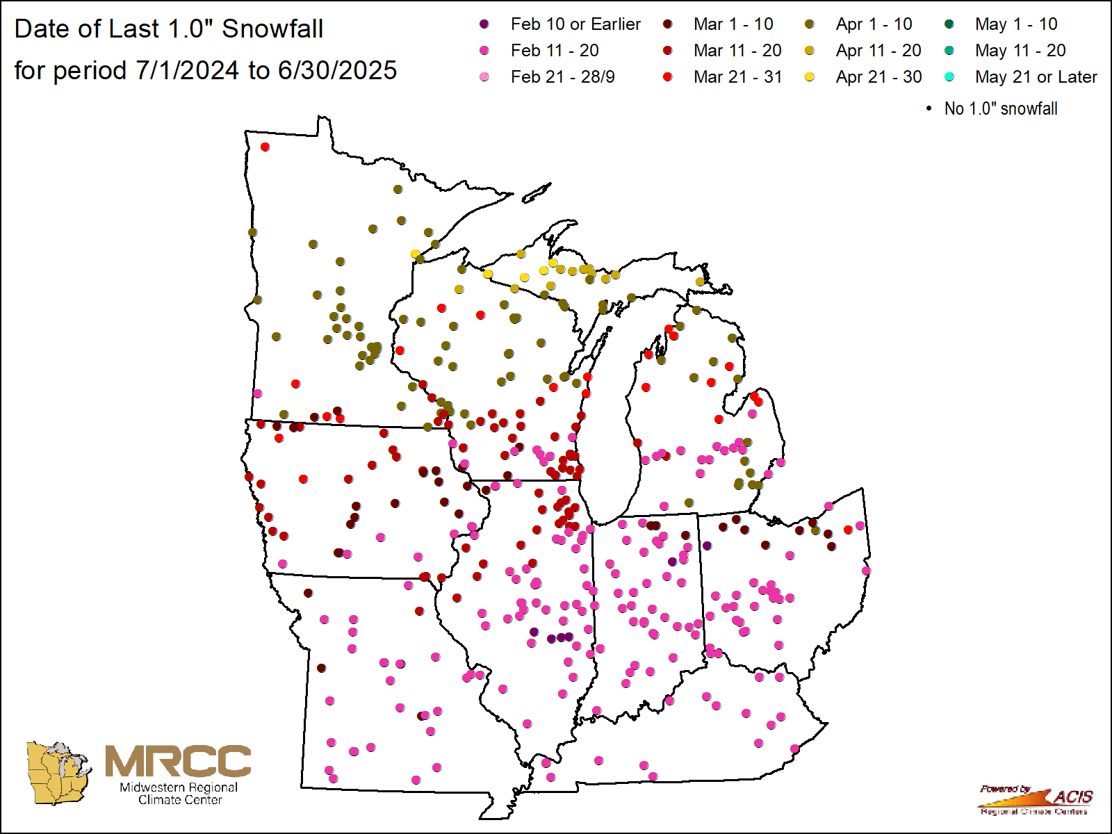 Date of last 1.0" snowfall Map: Midwest Region