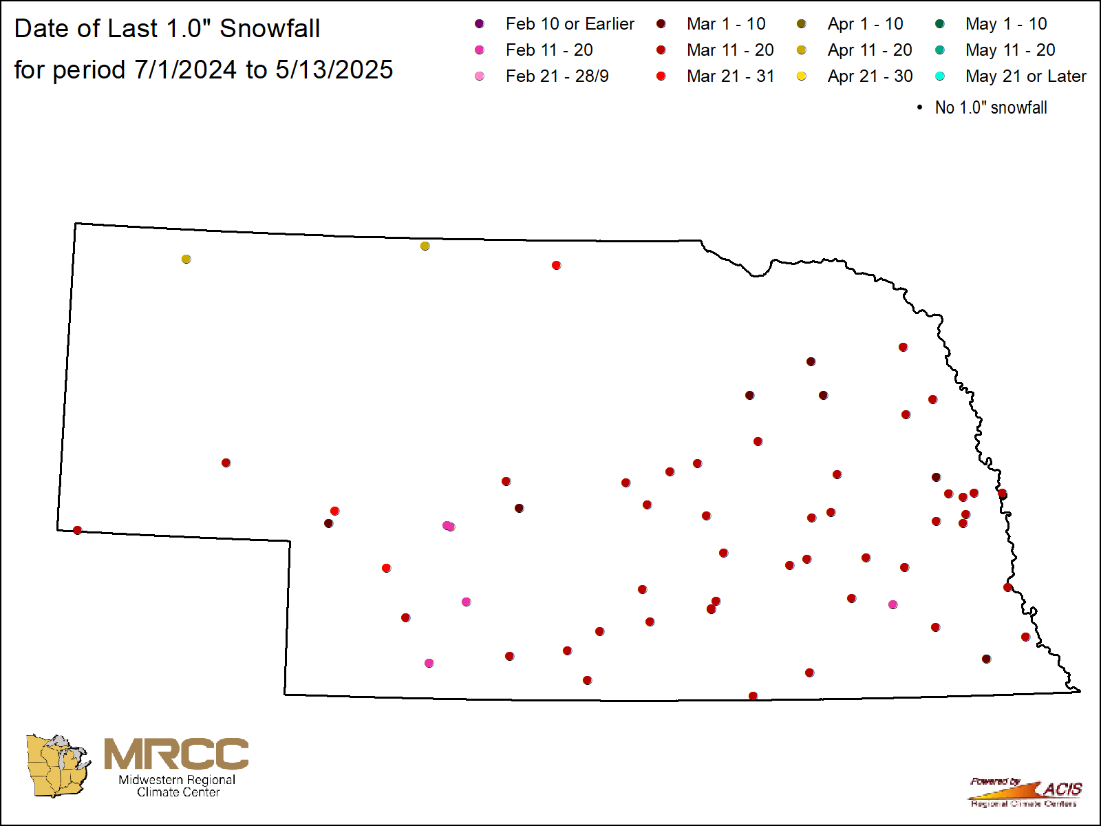 Date of last 1.0" snowfall Map: Nebraska