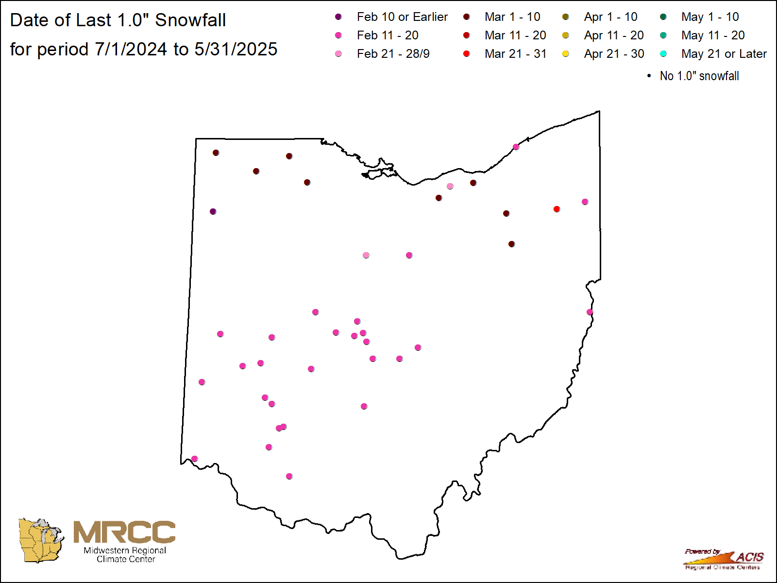 Date of last 1.0" snowfall Map: Ohio