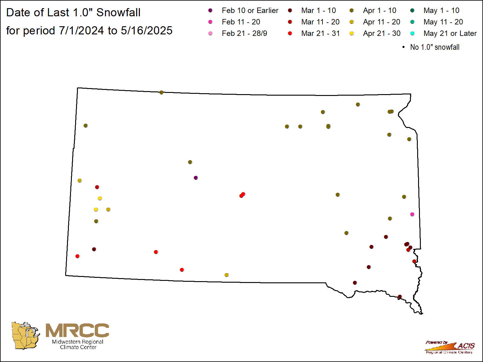 Date of last 1.0" snowfall Map: South Dakota