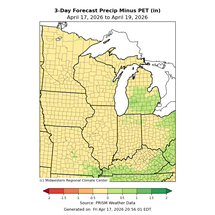 Forecast 3-day precipitation minus potential evapotranspiration map.