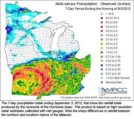 7-Day Precipitation Totals from the remnants of  Hurricane Isaac