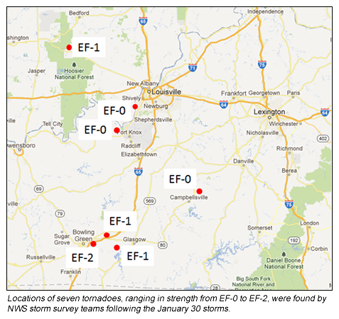 Paths of seven tornadoes found after 1/30/2013 storms