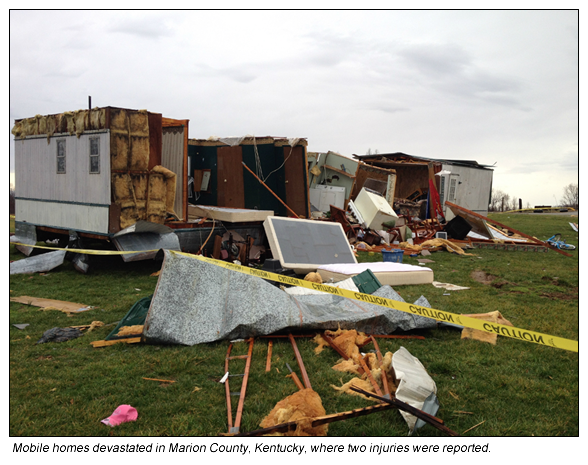 Mobile homes damaged in 1/30/2013 storms in Marion Co., KY