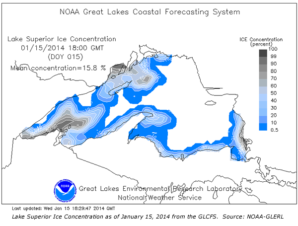 Lake Superior ice concentration as of 1/13/2014 from the Great Lakes Coastal Forecasting System