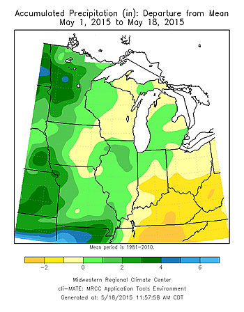 Precipitation departure from mean (in) for May 1-8, 2015