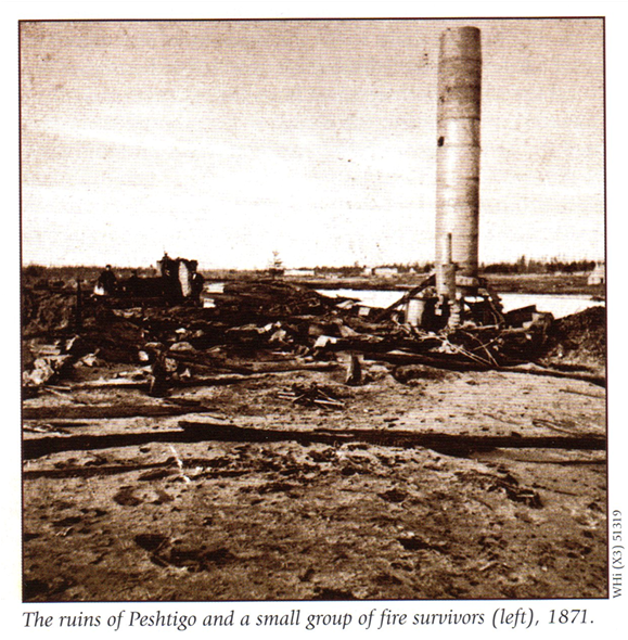 The ruins of Peshtigo and a small group of fire survivors, 1871
