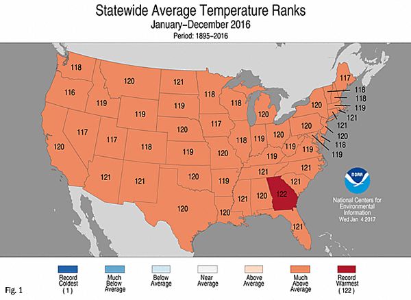 statewide Average Temperature Ranks, Jan-Dec 2016