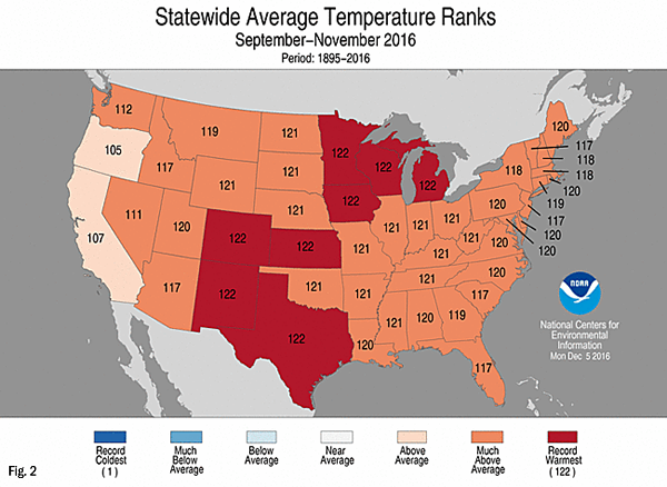 Statewide Average Temperature Ranks, Sep-Nov 2016