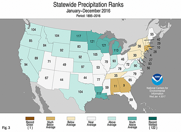 Statewide Precipitation Ranks, Jan-Dec 2016