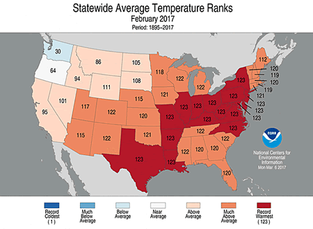 Statewide Average Temperature Ranks for February 2017