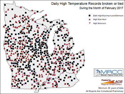 Daily high temperature records that were broken or tied in February 2017.
