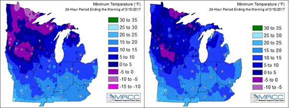 Maps of minimum temperatures across the Midwest