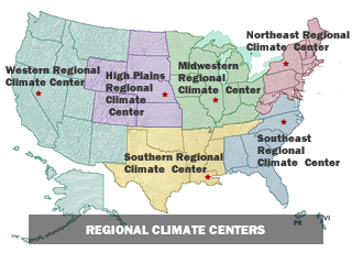 map of the six regional climate center territories