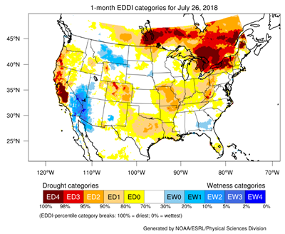1-month Evaporative Demand Drought Index categories for July 26, 2018  of USA