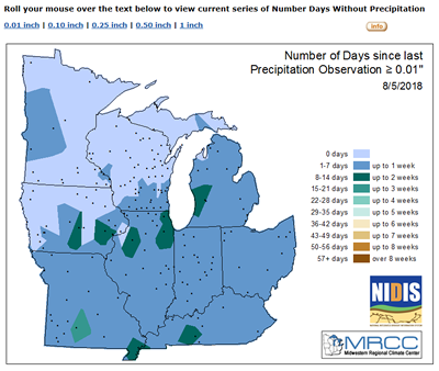 Number of days since last precipitation observation of greater than or equal to 0.01 inches dated 8/5/2018