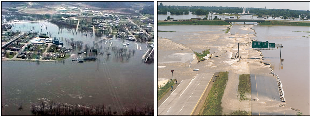 Aerial views of 1993 flooding near Wabasha, MN and Jefferson City, MO