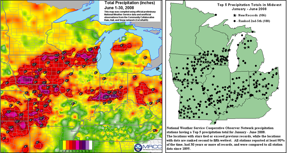Precipitation amounts leading to flooding in the Spring and Summer of 2008