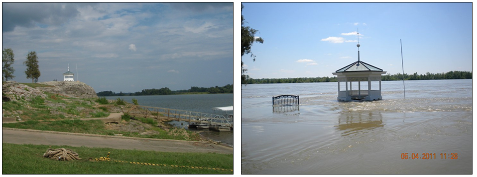 A gazebo in Elizabethtown, IL high atop a knoll in 2010 and covered in flood waters in 2011