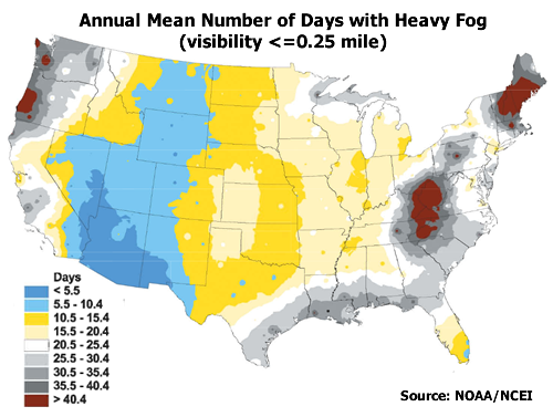 Annual mean number of day swith heavy fog map