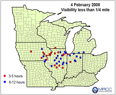 Map of visibility less than 1/4 mile on February 4, 1008