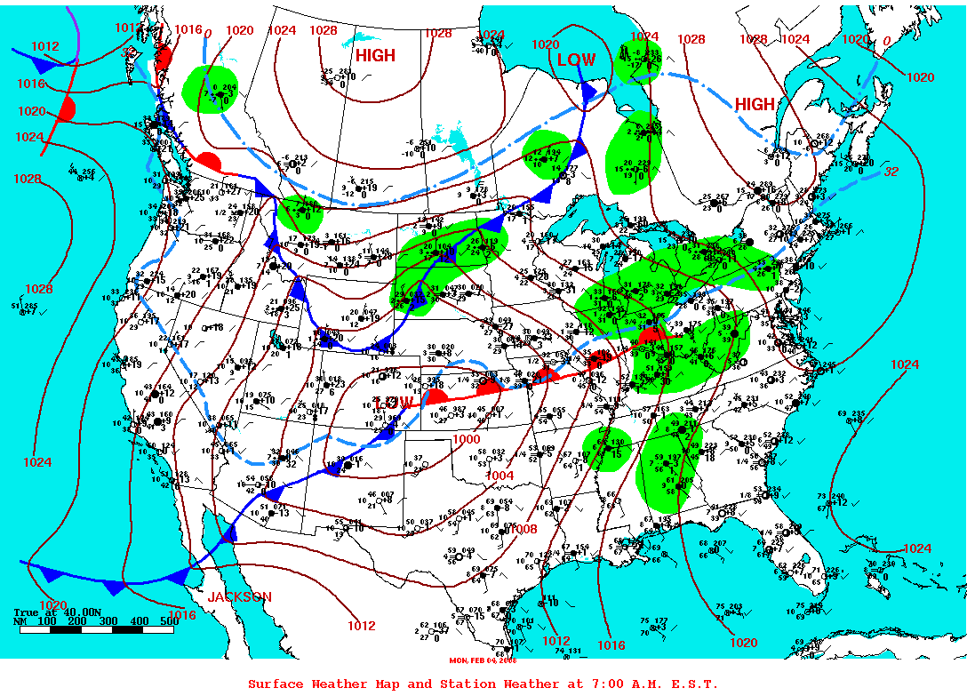 Surface Weather Map for 8:00 am CST February 4, 2008