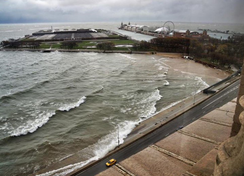 Storm surge on Chicago's Lakeshore Drive on October 31, 2014