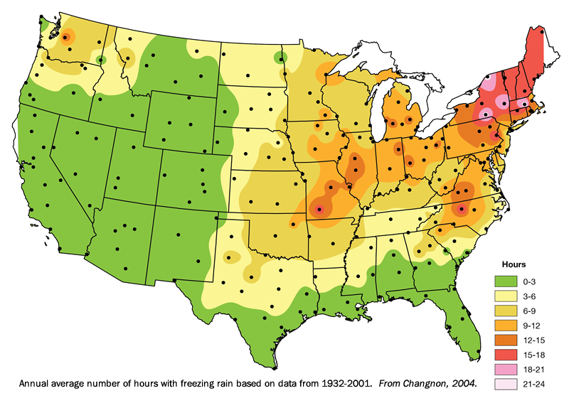 Fig. 3 - Annual average number of hours with freezing rain