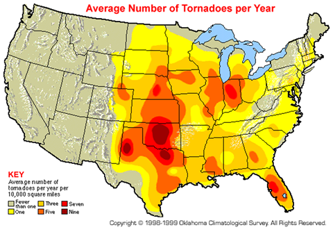 Average number of tornadoes per year per 10,000 square miles