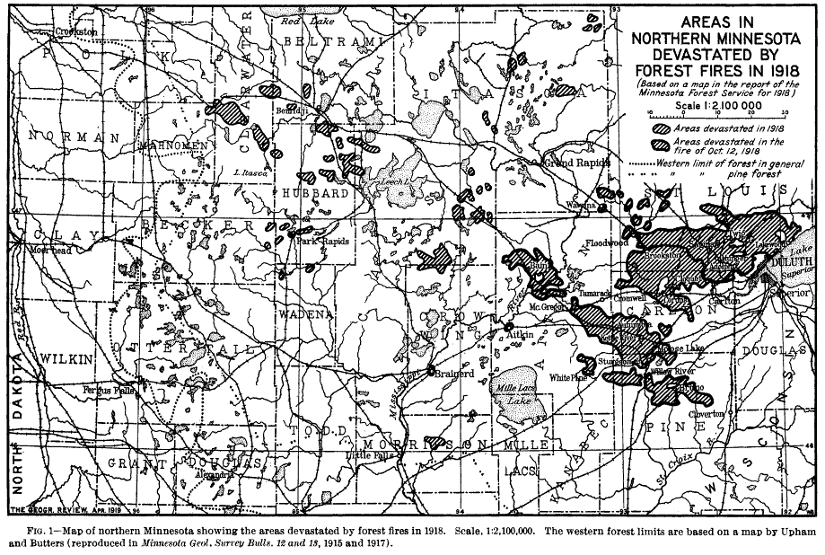 Map of the Cloquet Fire and additional fires that impacted Minnesota 1918