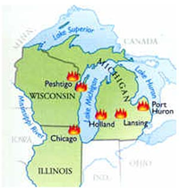 Map of Chicago with burned region from the great Chicago Fire in dark grey